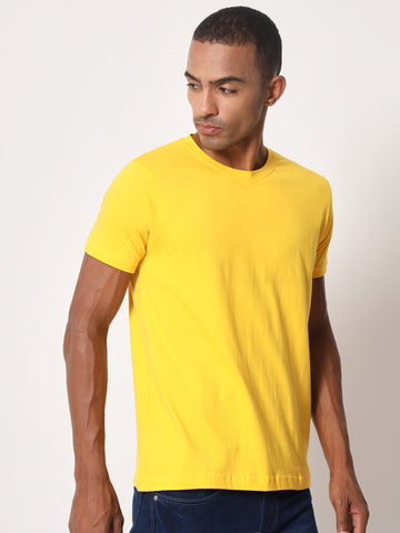 Men's Solid Round Neck Half Sleeve Yellow Cotton T-shirt
