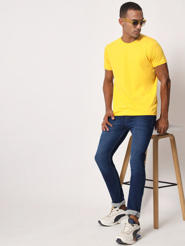 Men's Solid Round Neck Half Sleeve Yellow Cotton T-shirt