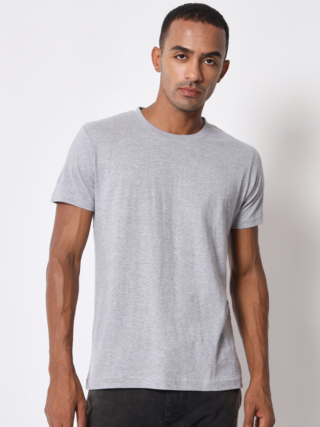 Grey Solid Half Sleeve Cotton T-shirt for Men