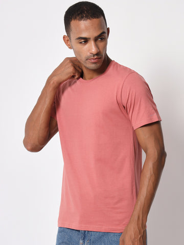 Men's Solid Round Neck Half Sleeve Mauve Cotton T-shirt