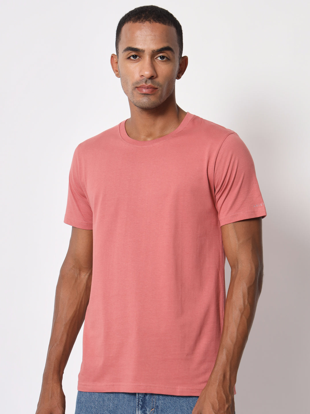Men's Solid Round Neck Half Sleeve Mauve Cotton T-shirt