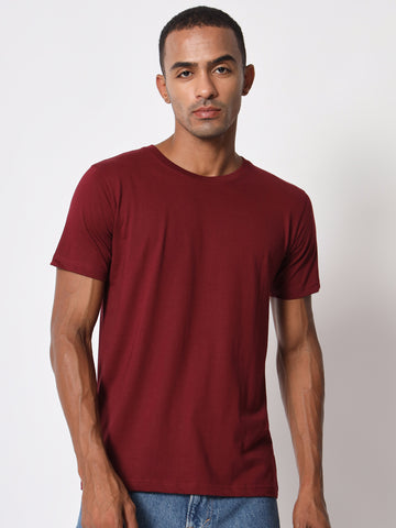 Solid Men Round Neck Half Sleeve Maroon Cotton T-shirt