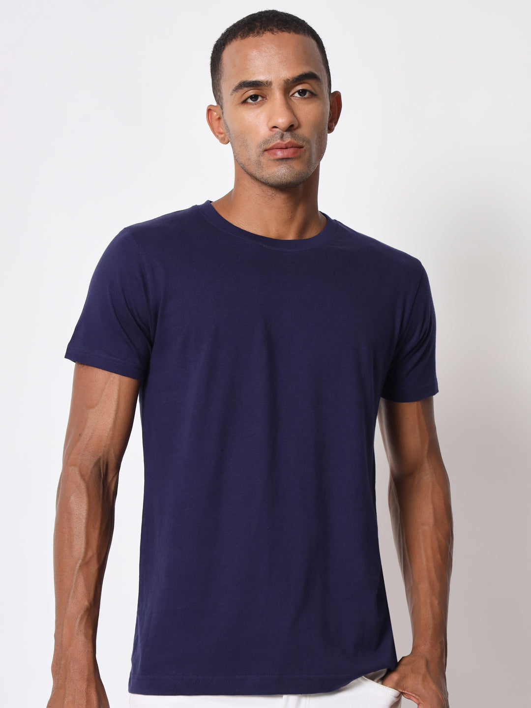 Navy Solid Round Neck Half Sleeve Men's Cotton T-shirt