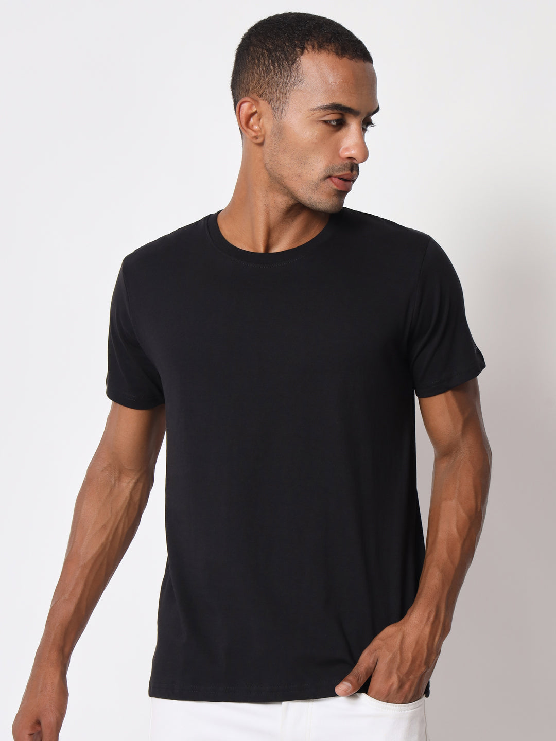 Cotton Solid Round Neck Half Sleeve Black Men's T-shirt
