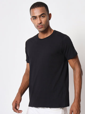 Cotton Solid Round Neck Half Sleeve Black Men's T-shirt